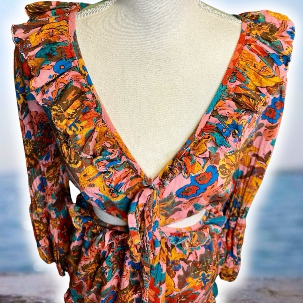 NWOT Love The Label ‘Nadia’ Front-Tie Ruffle Mini Dress in Pink Size Medium - Picture 5 of 16